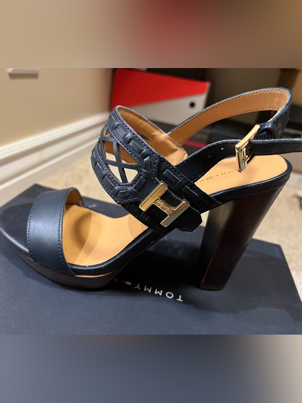Tommy Hilfiger Leather Platform Block Heel Sandals with Gold Hardware
